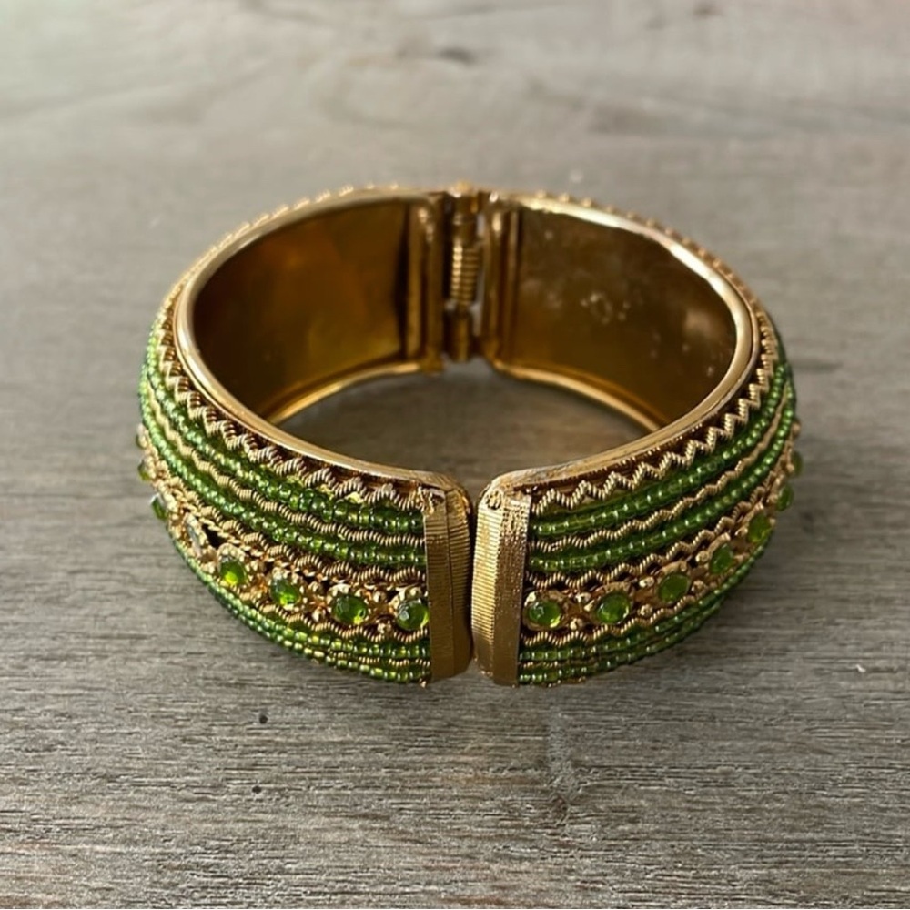 Vintage Round Green and Gold Tone Bangle Bracelet Vintage Costume Jewelry
